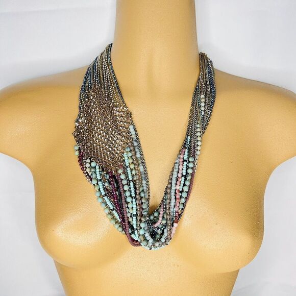 Stella & Dot Mae Statement Necklace Mesh Multi Strand Stone Silver RV$129 4765 - Picture 2 of 10